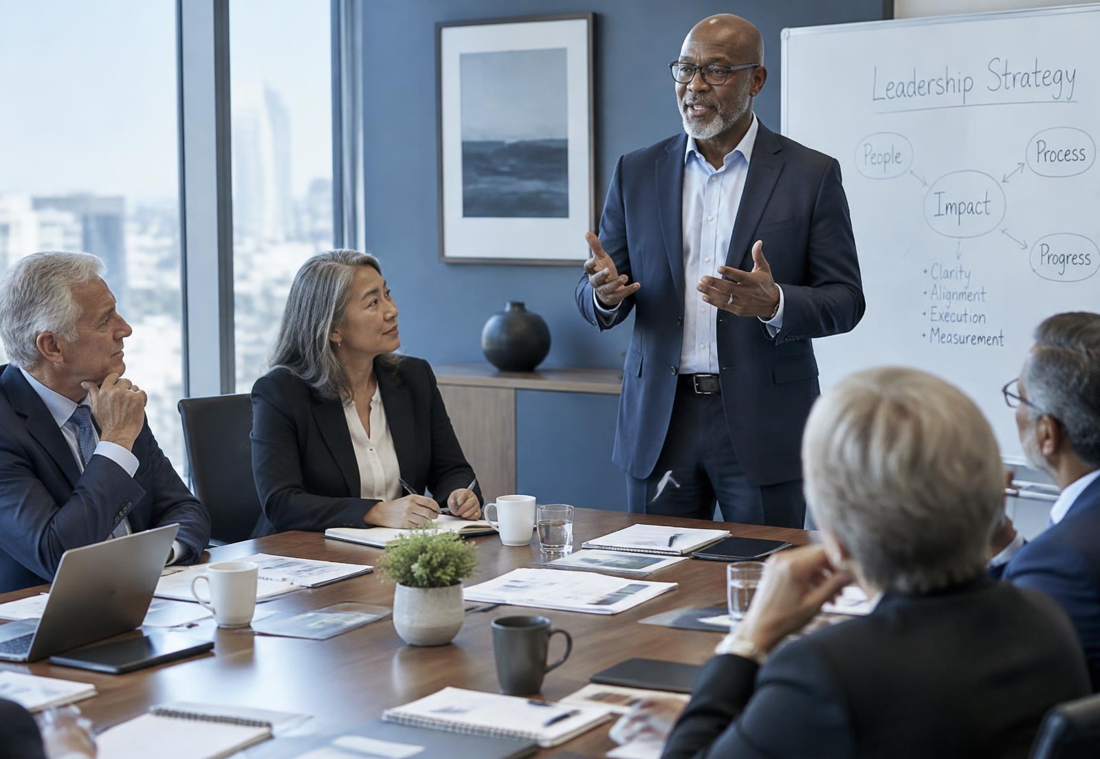 A facilitator leads a leadership-strategy session with senior professionals around a conference table